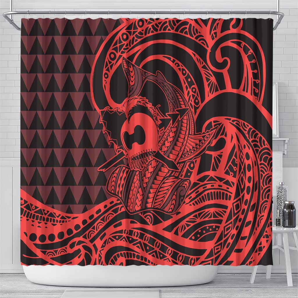 Koa Ikaika Warrior Helmet with Shark Shower Curtain Red Kakau Style