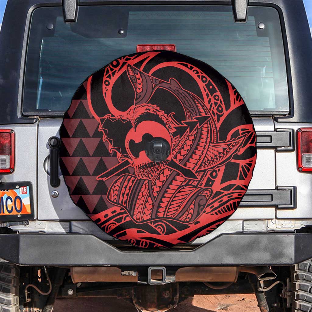 Koa Ikaika Warrior Helmet with Shark Spare Tire Cover Red Kakau Style LT9 Red - Polynesian Pride