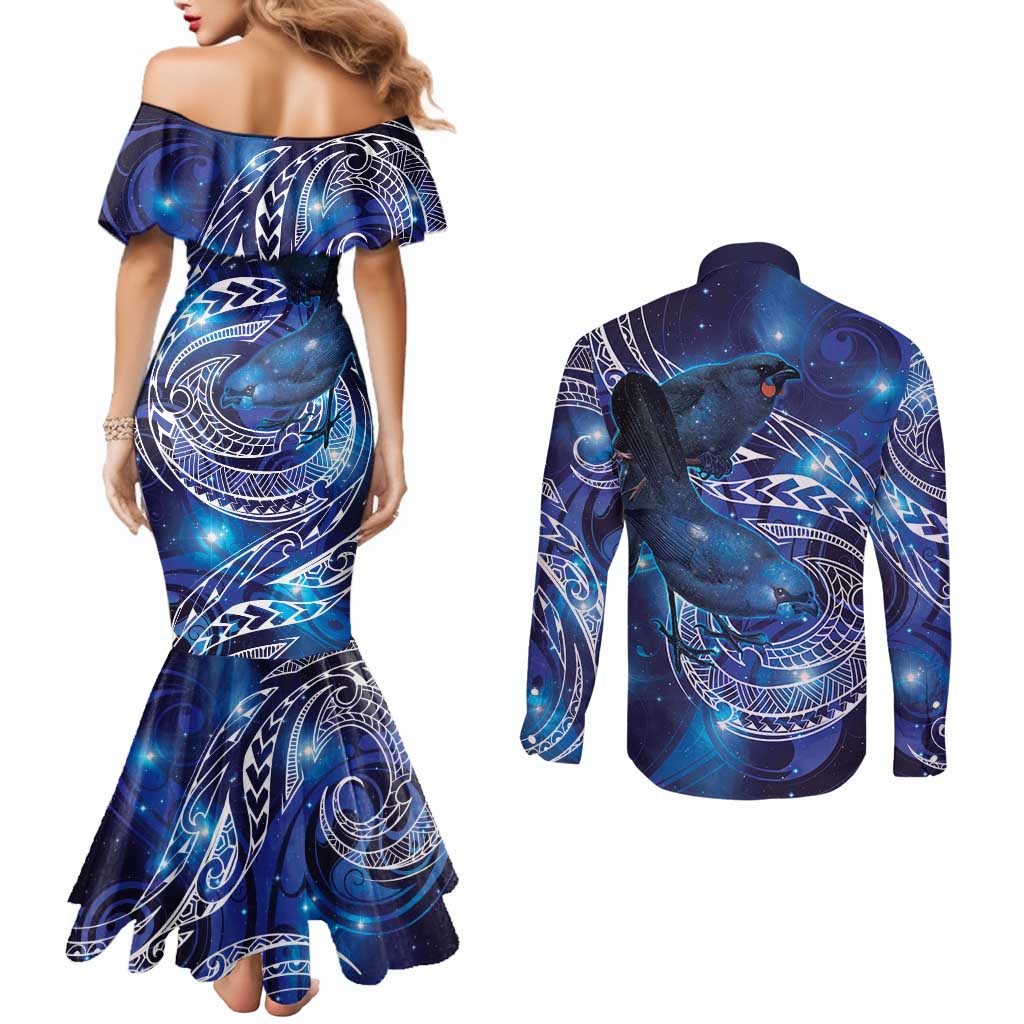 North Island Kokako and South Island Kokako Couples Matching Mermaid Dress and Long Sleeve Button Shirt New Zealand Native Bird with Galaxy Vibe