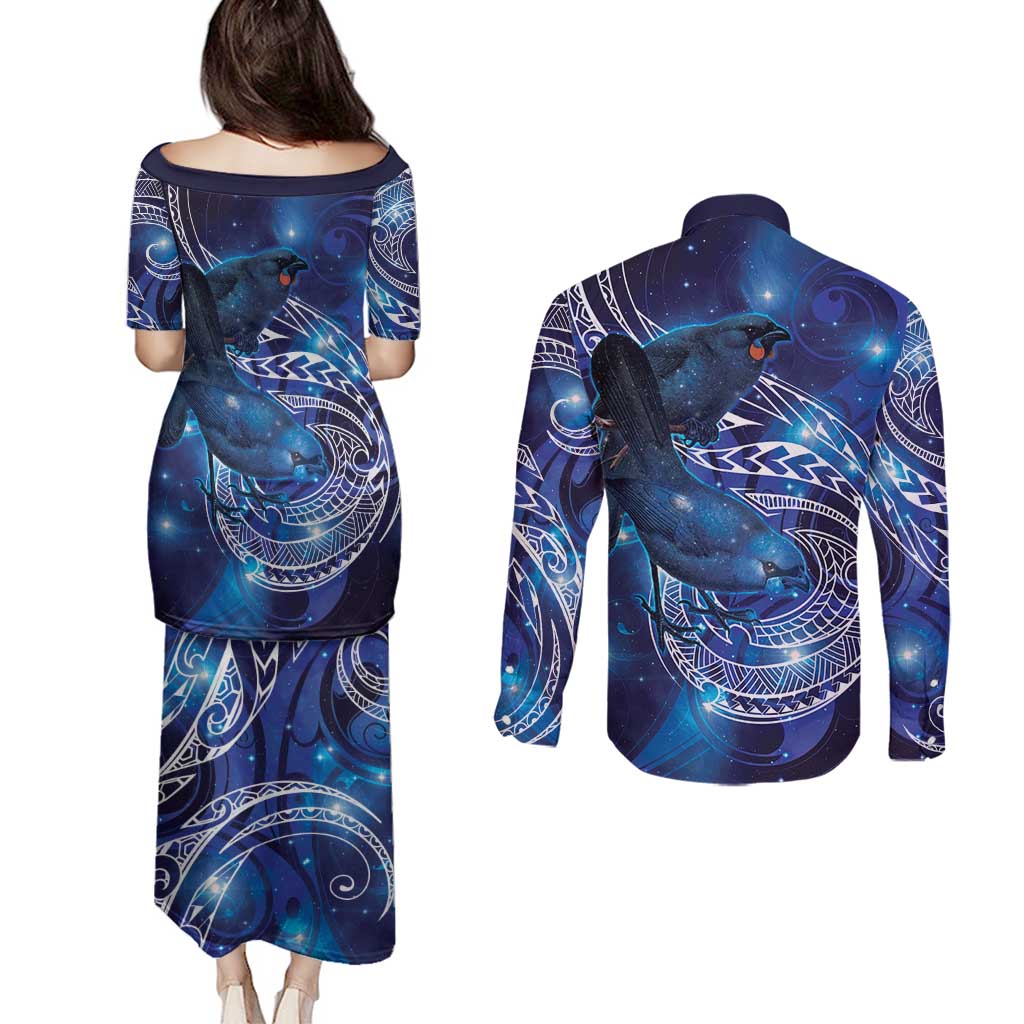 North Island Kokako and South Island Kokako Couples Matching Puletasi and Long Sleeve Button Shirt New Zealand Native Bird with Galaxy Vibe