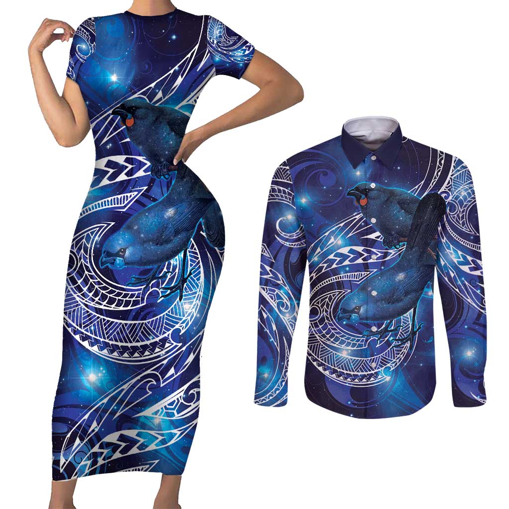 North Island Kokako and South Island Kokako Couples Matching Short Sleeve Bodycon Dress and Long Sleeve Button Shirt New Zealand Native Bird with Galaxy Vibe LT9 Galaxy - Polynesian Pride