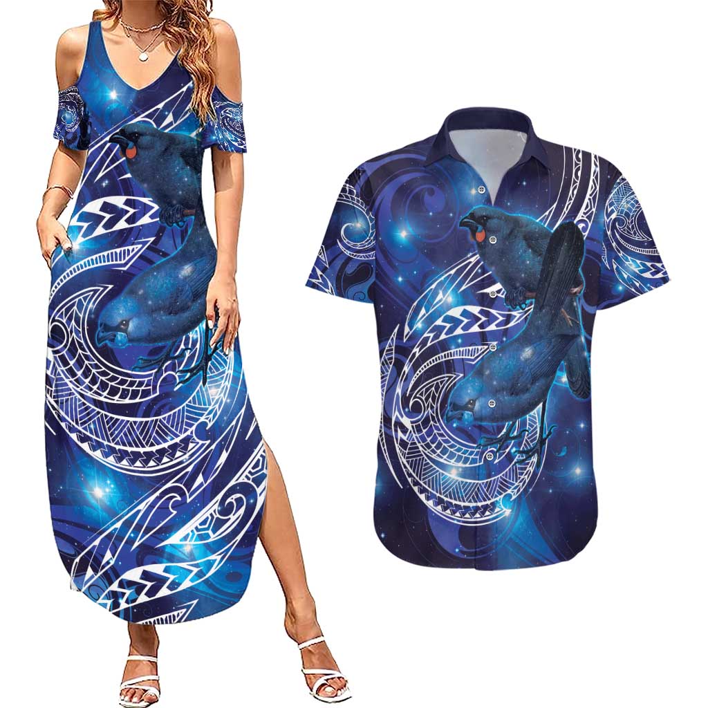 North Island Kokako and South Island Kokako Couples Matching Summer Maxi Dress and Hawaiian Shirt New Zealand Native Bird with Galaxy Vibe