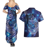 North Island Kokako and South Island Kokako Couples Matching Summer Maxi Dress and Hawaiian Shirt New Zealand Native Bird with Galaxy Vibe