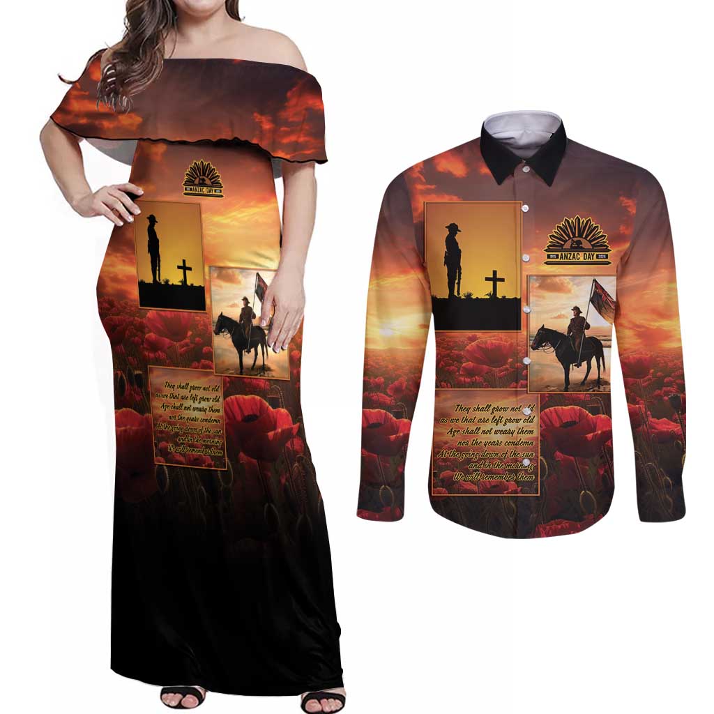 ANZAC Day Film Reel Lest We Forget Couples Matching Off Shoulder Maxi Dress and Long Sleeve Button Shirt Australia NZ Memorial