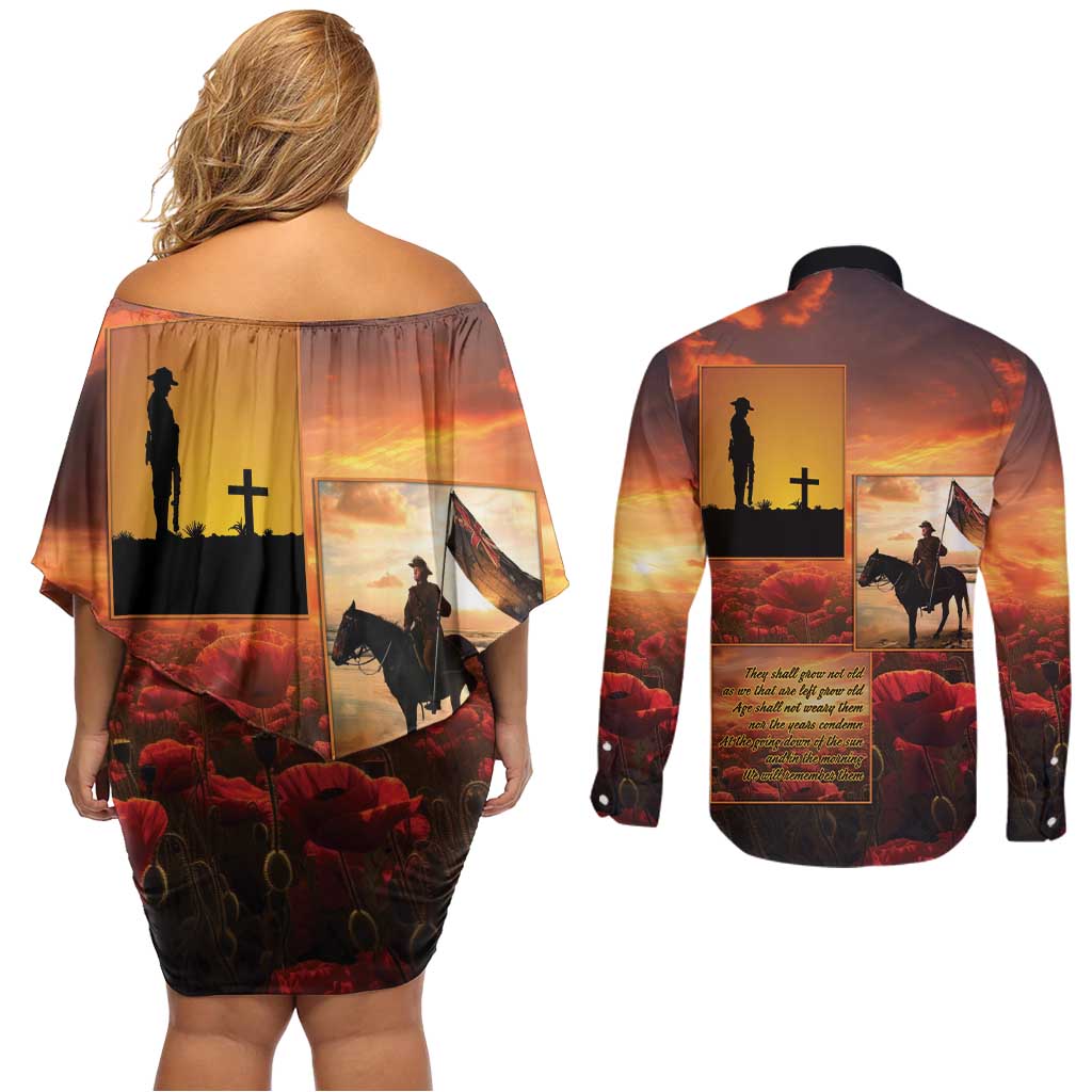 ANZAC Day Film Reel Lest We Forget Couples Matching Off Shoulder Short Dress and Long Sleeve Button Shirt Australia NZ Memorial
