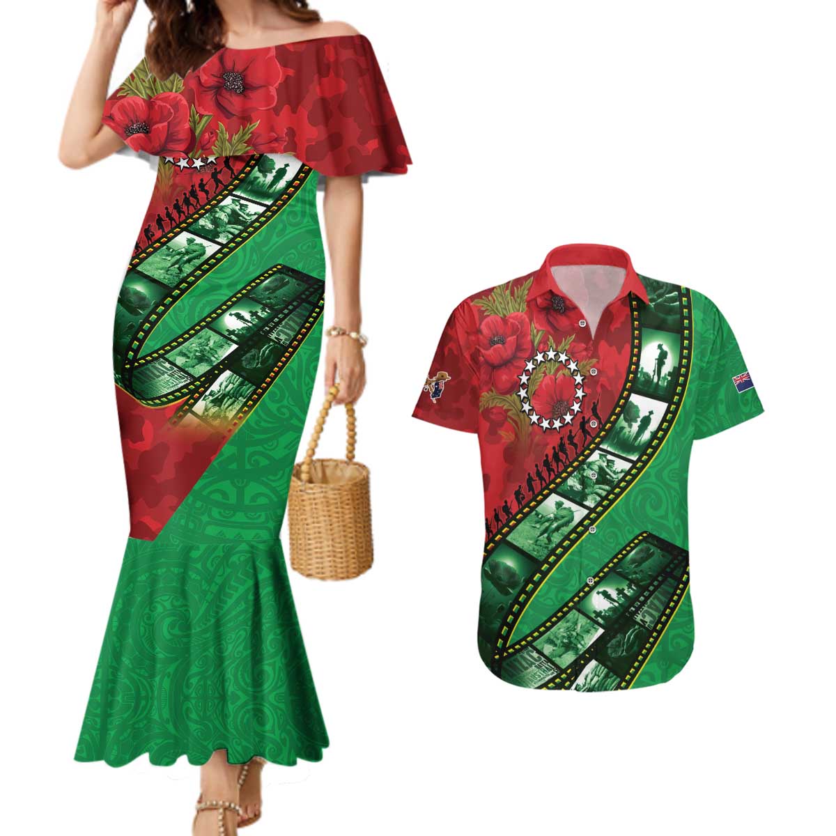 Personalised Cook Islands ANZAC 1915-2026 Filmstrip Couples Matching Mermaid Dress and Hawaiian Shirt Lest We Forget 25 April