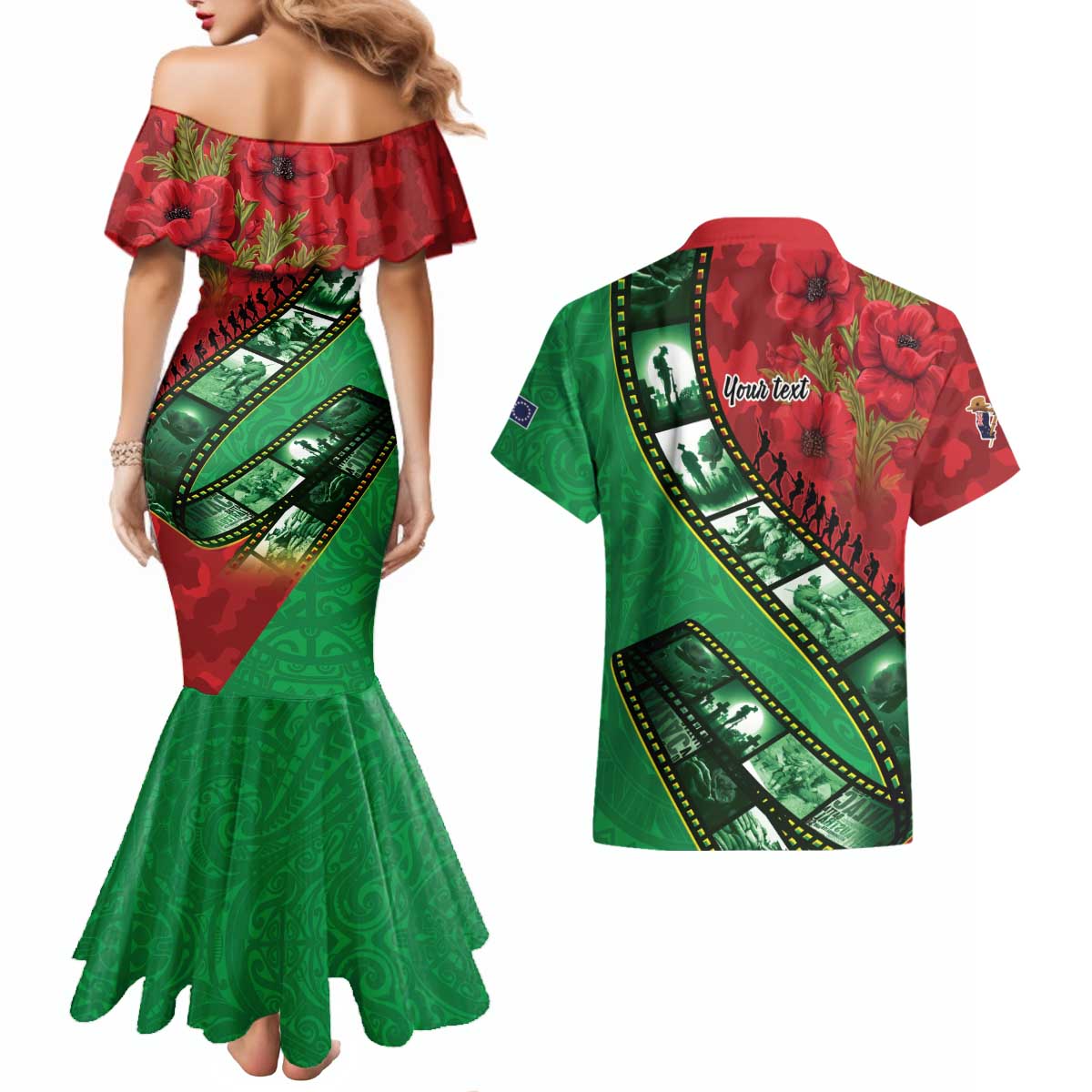 Personalised Cook Islands ANZAC 1915-2026 Filmstrip Couples Matching Mermaid Dress and Hawaiian Shirt Lest We Forget 25 April