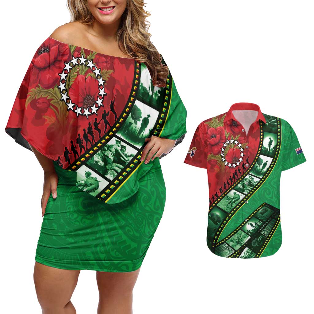 Personalised Cook Islands ANZAC 1915-2026 Filmstrip Couples Matching Off Shoulder Short Dress and Hawaiian Shirt Lest We Forget 25 April