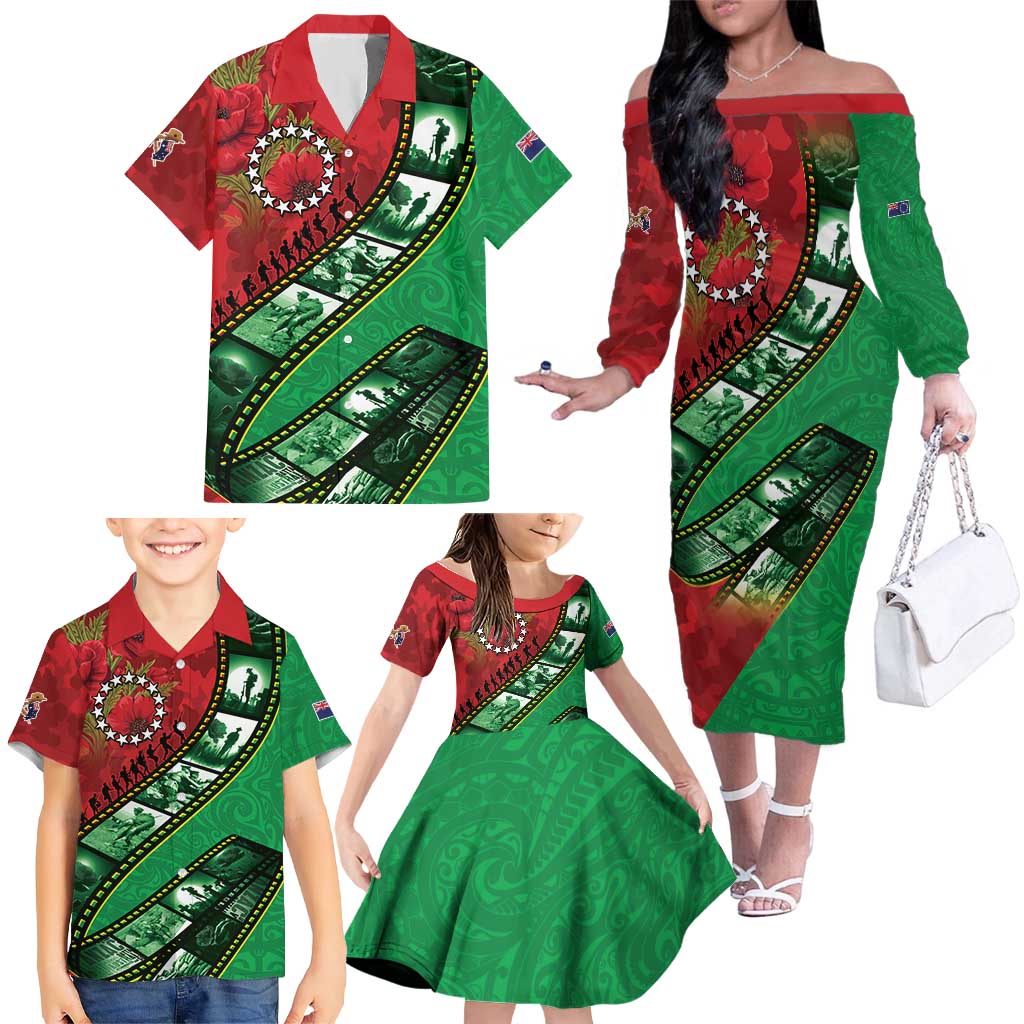 Personalised Cook Islands ANZAC 1915-2026 Filmstrip Family Matching Off The Shoulder Long Sleeve Dress and Hawaiian Shirt Lest We Forget 25 April