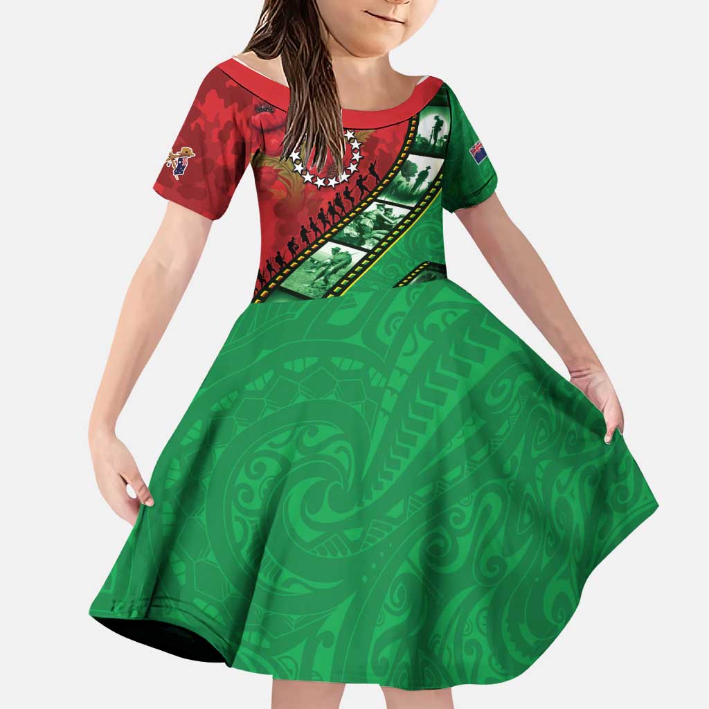 Personalised Cook Islands ANZAC 1915-2026 Filmstrip Family Matching Off Shoulder Short Dress and Hawaiian Shirt Lest We Forget 25 April LT9 Daughter's Dress Green - Polynesian Pride
