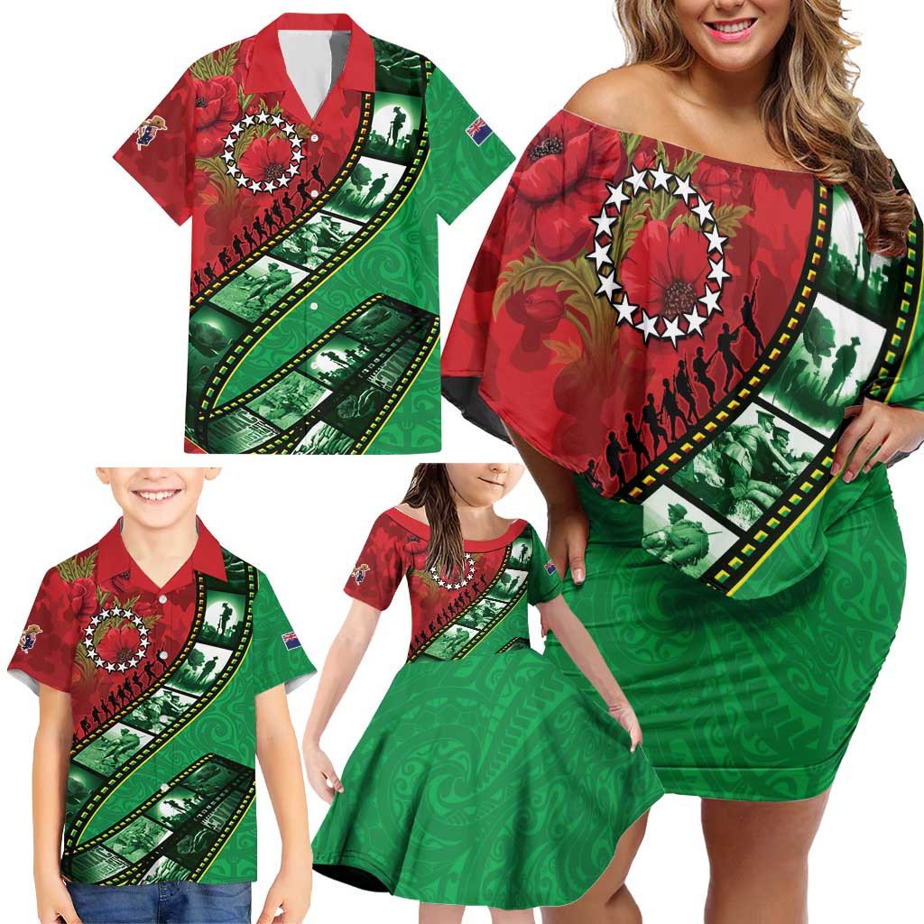 Personalised Cook Islands ANZAC 1915-2026 Filmstrip Family Matching Off Shoulder Short Dress and Hawaiian Shirt Lest We Forget 25 April LT9 - Polynesian Pride