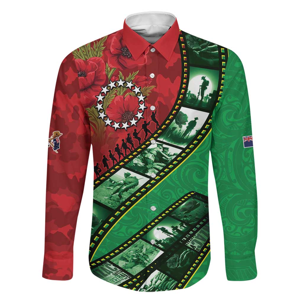 Personalised Cook Islands ANZAC 1915-2026 Filmstrip Family Matching Off Shoulder Short Dress and Hawaiian Shirt Lest We Forget 25 April LT9 Dad's Shirt - Long Sleeve Green - Polynesian Pride