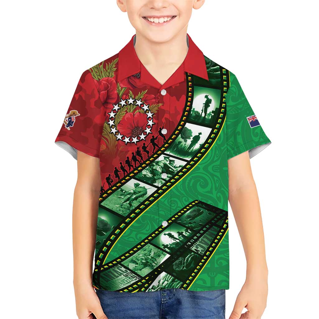 Personalised Cook Islands ANZAC 1915-2026 Filmstrip Family Matching Off Shoulder Short Dress and Hawaiian Shirt Lest We Forget 25 April LT9 Son's Shirt Green - Polynesian Pride