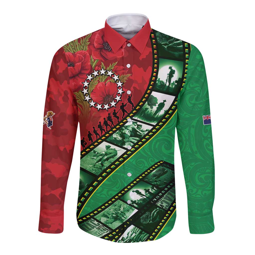 Personalised Cook Islands ANZAC 1915-2026 Filmstrip Long Sleeve Button Shirt Lest We Forget 25 April LT9 Unisex Green - Polynesian Pride
