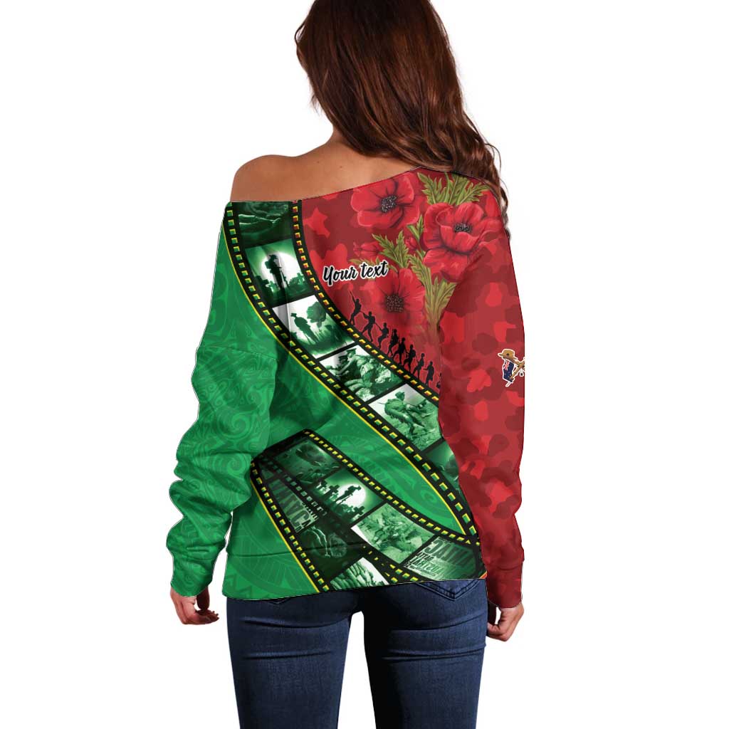 Personalised Cook Islands ANZAC 1915-2026 Filmstrip Off Shoulder Sweater Lest We Forget 25 April