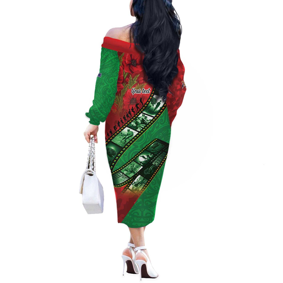 Personalised Cook Islands ANZAC 1915-2026 Filmstrip Off The Shoulder Long Sleeve Dress Lest We Forget 25 April