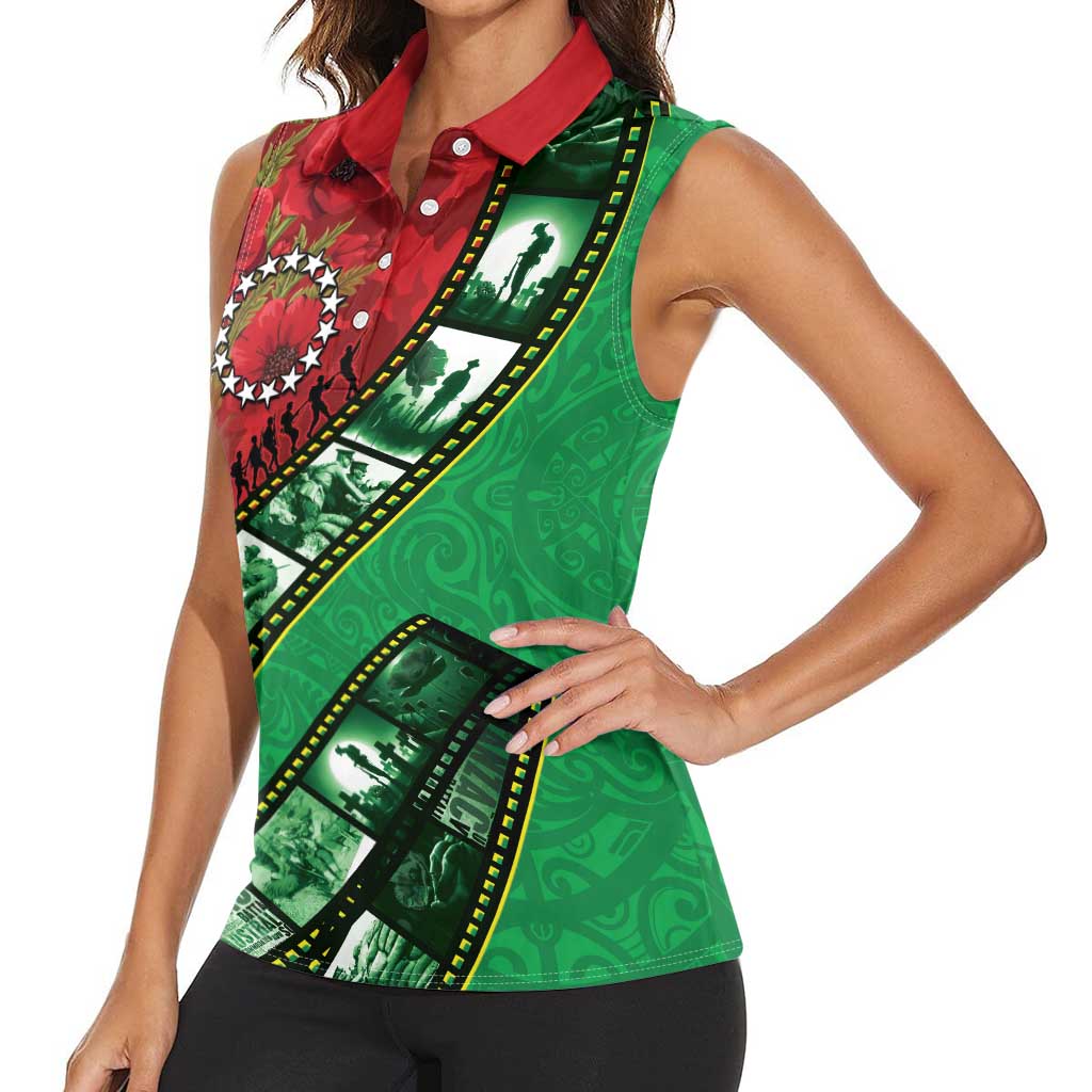 Personalised Cook Islands ANZAC 1915-2026 Filmstrip Women Sleeveless Polo Shirt Lest We Forget 25 April