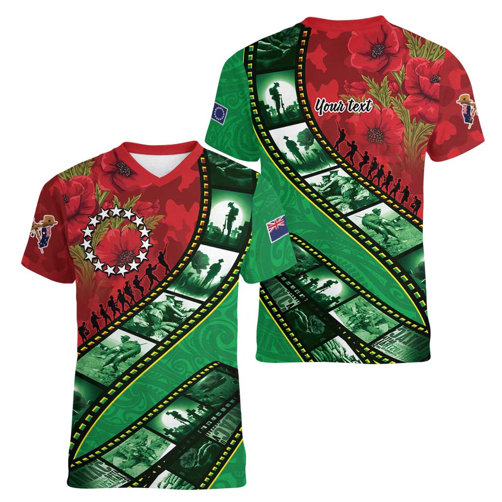 Personalised Cook Islands ANZAC 1915-2026 Filmstrip Women V-Neck T-Shirt Lest We Forget 25 April