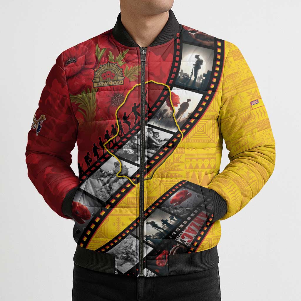 Personalised Niue ANZAC 1915-2026 Filmstrip Bomber Puffer Jacket Lest We Forget 25 April
