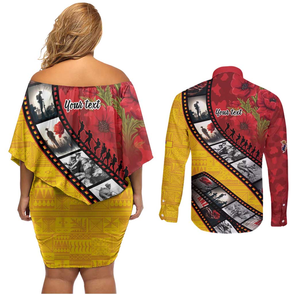 Personalised Niue ANZAC 1915-2026 Filmstrip Couples Matching Off Shoulder Short Dress and Long Sleeve Button Shirt Lest We Forget 25 April