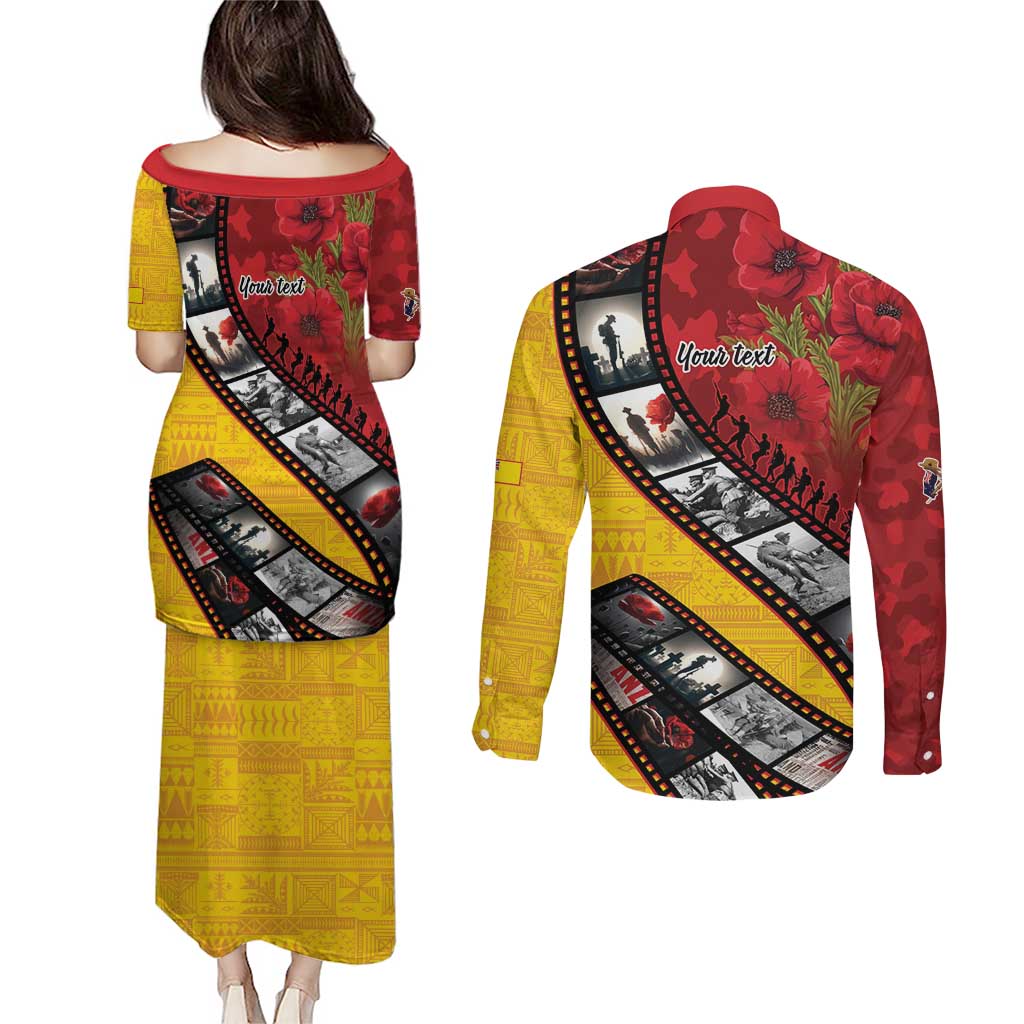 Personalised Niue ANZAC 1915-2026 Filmstrip Couples Matching Puletasi and Long Sleeve Button Shirt Lest We Forget 25 April