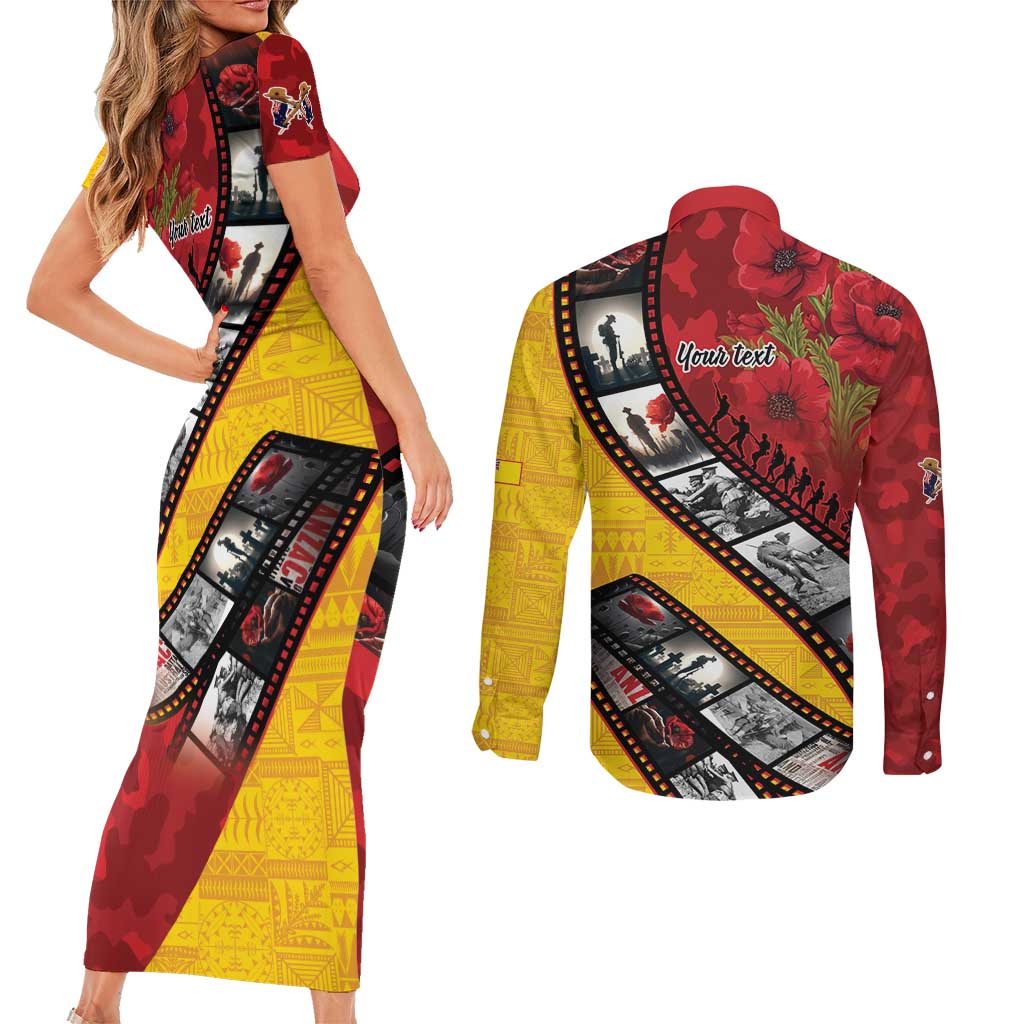 Personalised Niue ANZAC 1915-2026 Filmstrip Couples Matching Short Sleeve Bodycon Dress and Long Sleeve Button Shirt Lest We Forget 25 April