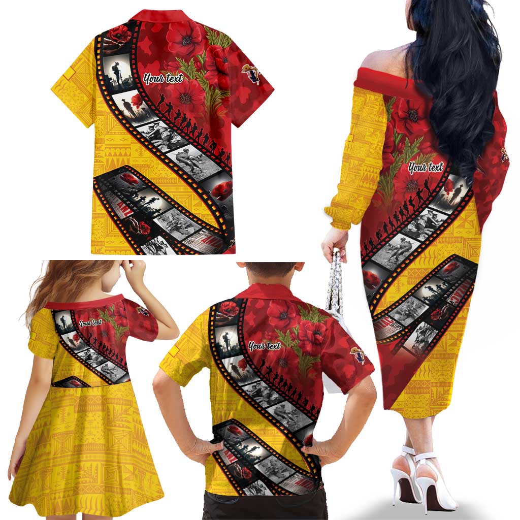 Personalised Niue ANZAC 1915-2026 Filmstrip Family Matching Off The Shoulder Long Sleeve Dress and Hawaiian Shirt Lest We Forget 25 April