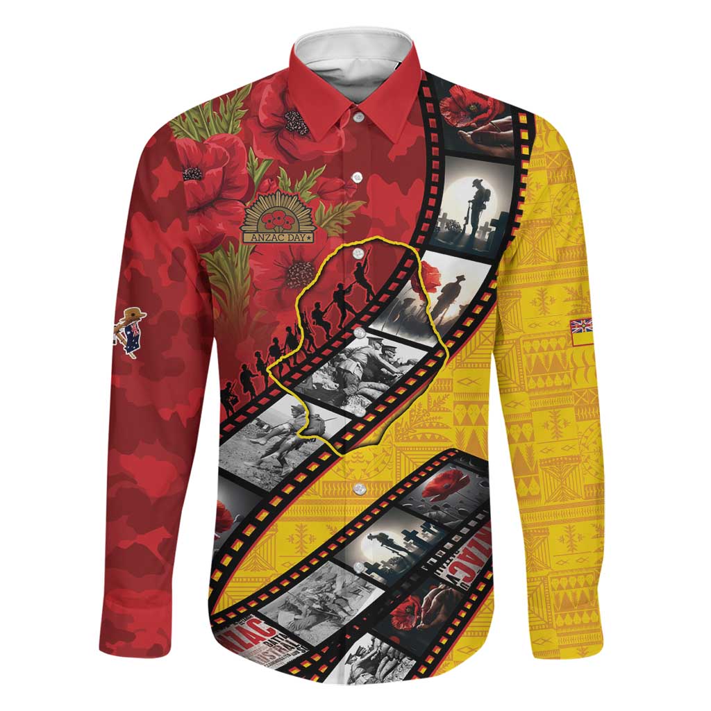 Personalised Niue ANZAC 1915-2026 Filmstrip Family Matching Summer Maxi Dress and Hawaiian Shirt Lest We Forget 25 April LT9 Dad's Shirt - Long Sleeve Gold - Polynesian Pride