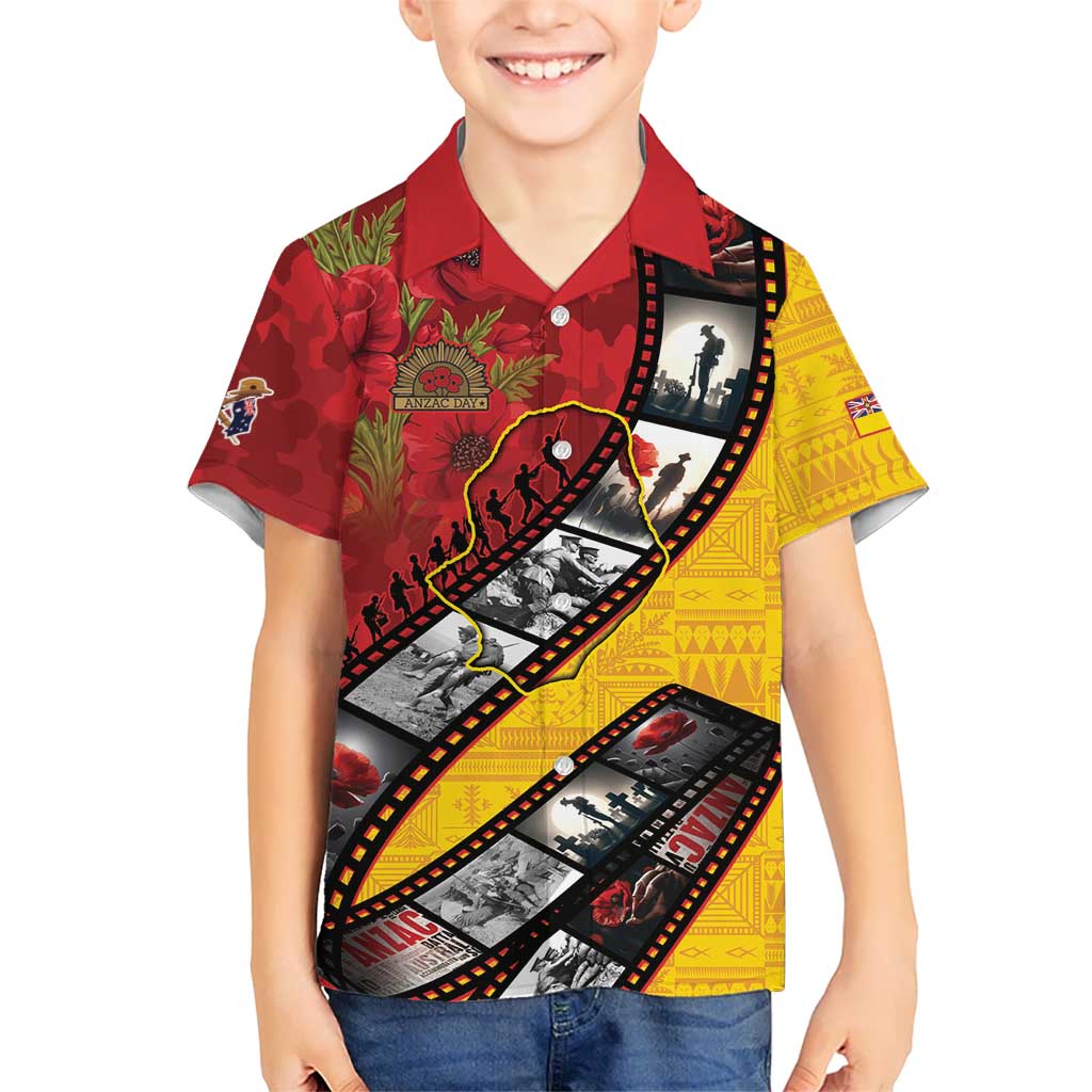 Personalised Niue ANZAC 1915-2026 Filmstrip Family Matching Summer Maxi Dress and Hawaiian Shirt Lest We Forget 25 April LT9 Son's Shirt Gold - Polynesian Pride