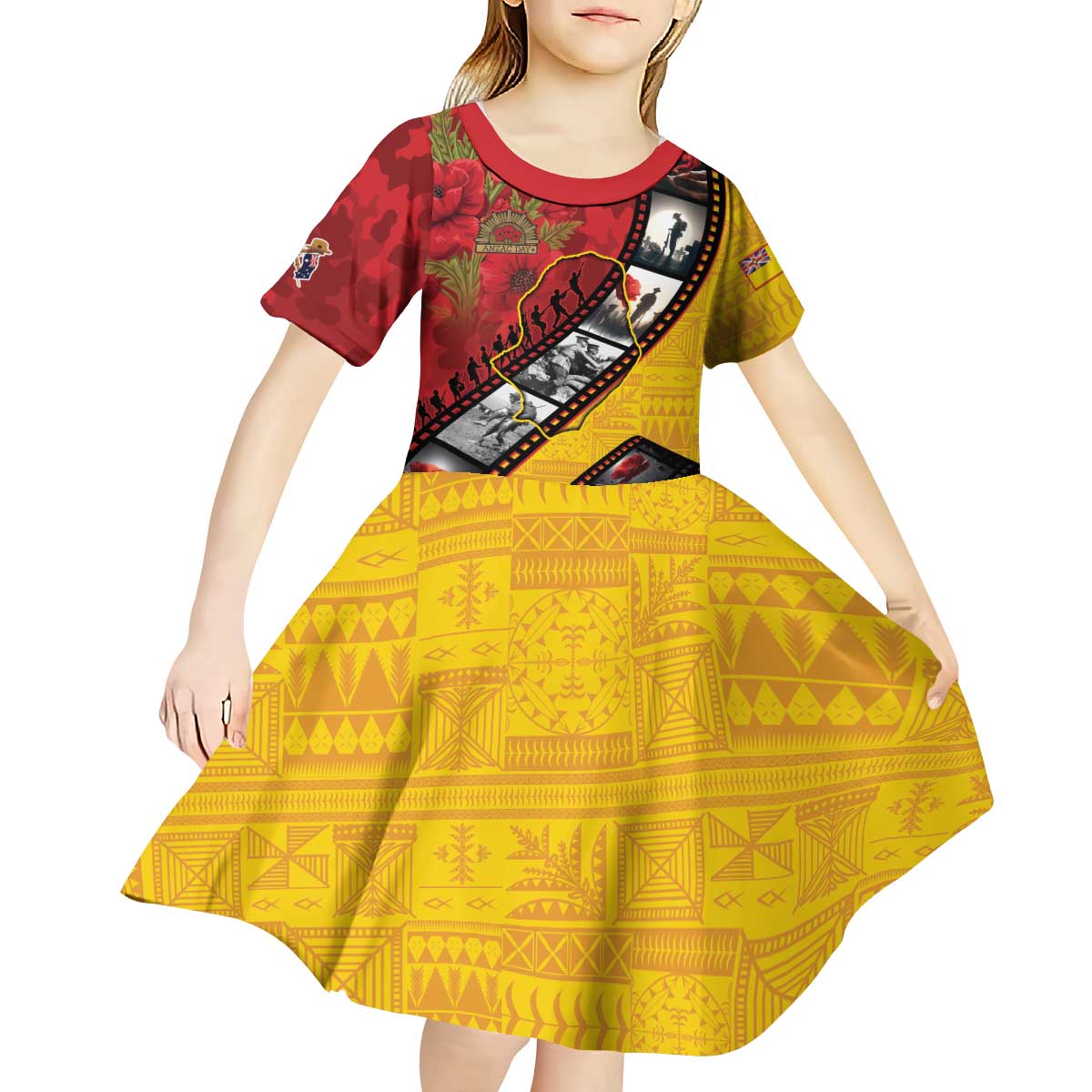 Personalised Niue ANZAC 1915-2026 Filmstrip Kid Short Sleeve Dress Lest We Forget 25 April