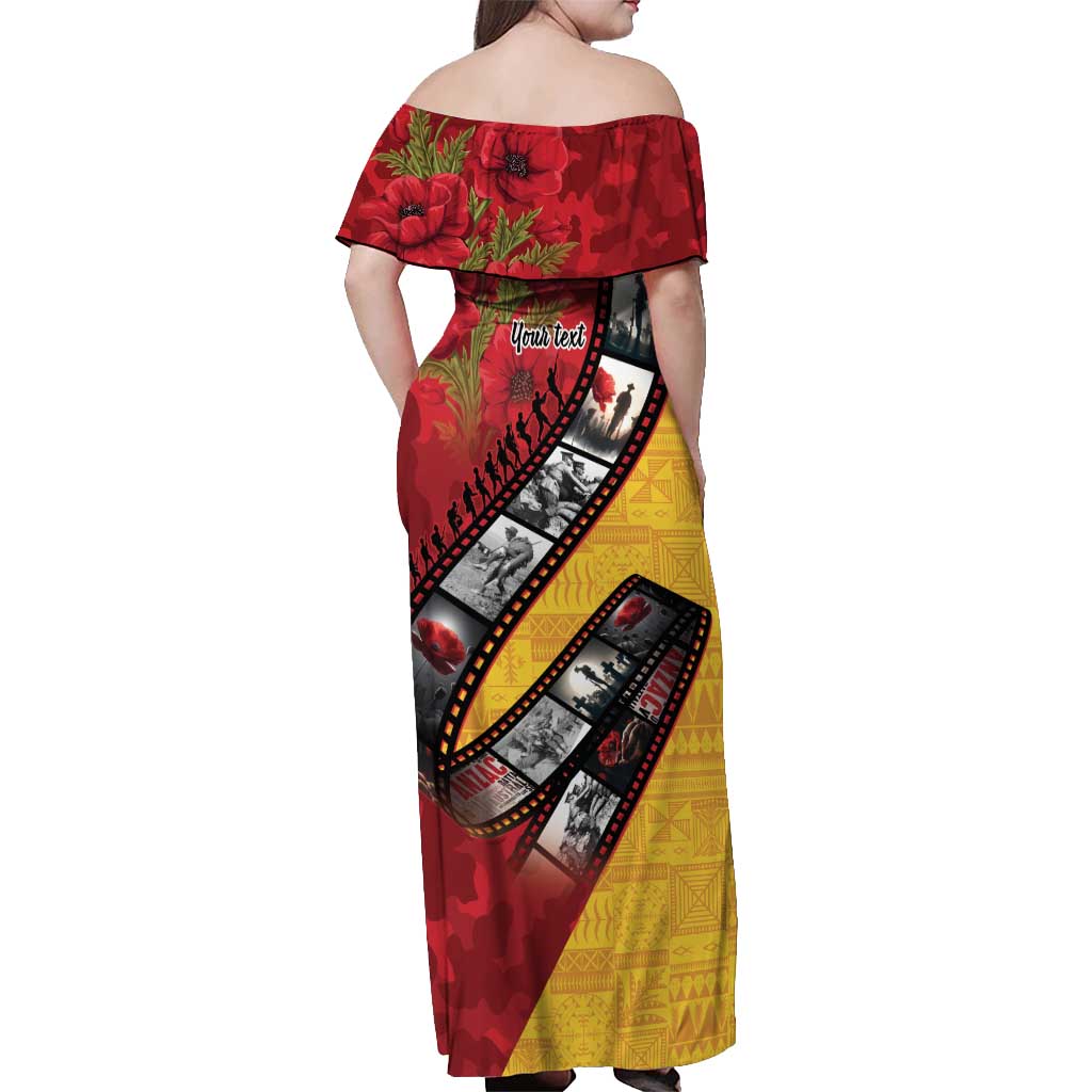 Personalised Niue ANZAC 1915-2026 Filmstrip Off Shoulder Maxi Dress Lest We Forget 25 April