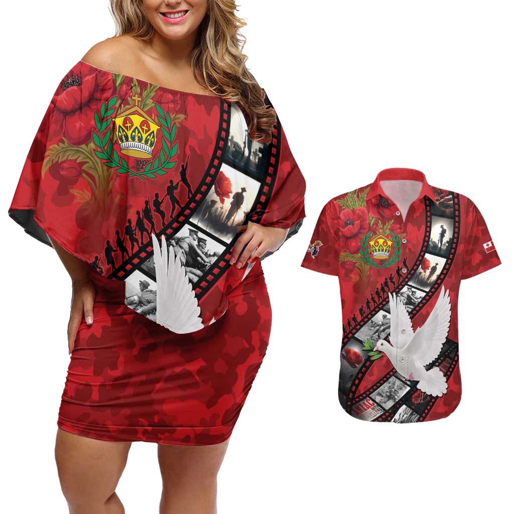 Personalised Tonga ANZAC 1915-2026 Filmstrip Couples Matching Off Shoulder Short Dress and Hawaiian Shirt Lest We Forget 25 April