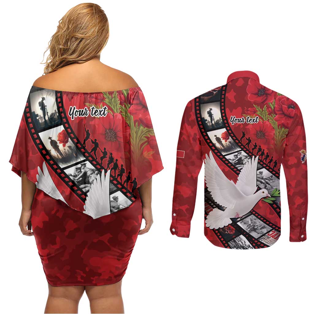 Personalised Tonga ANZAC 1915-2026 Filmstrip Couples Matching Off Shoulder Short Dress and Long Sleeve Button Shirt Lest We Forget 25 April