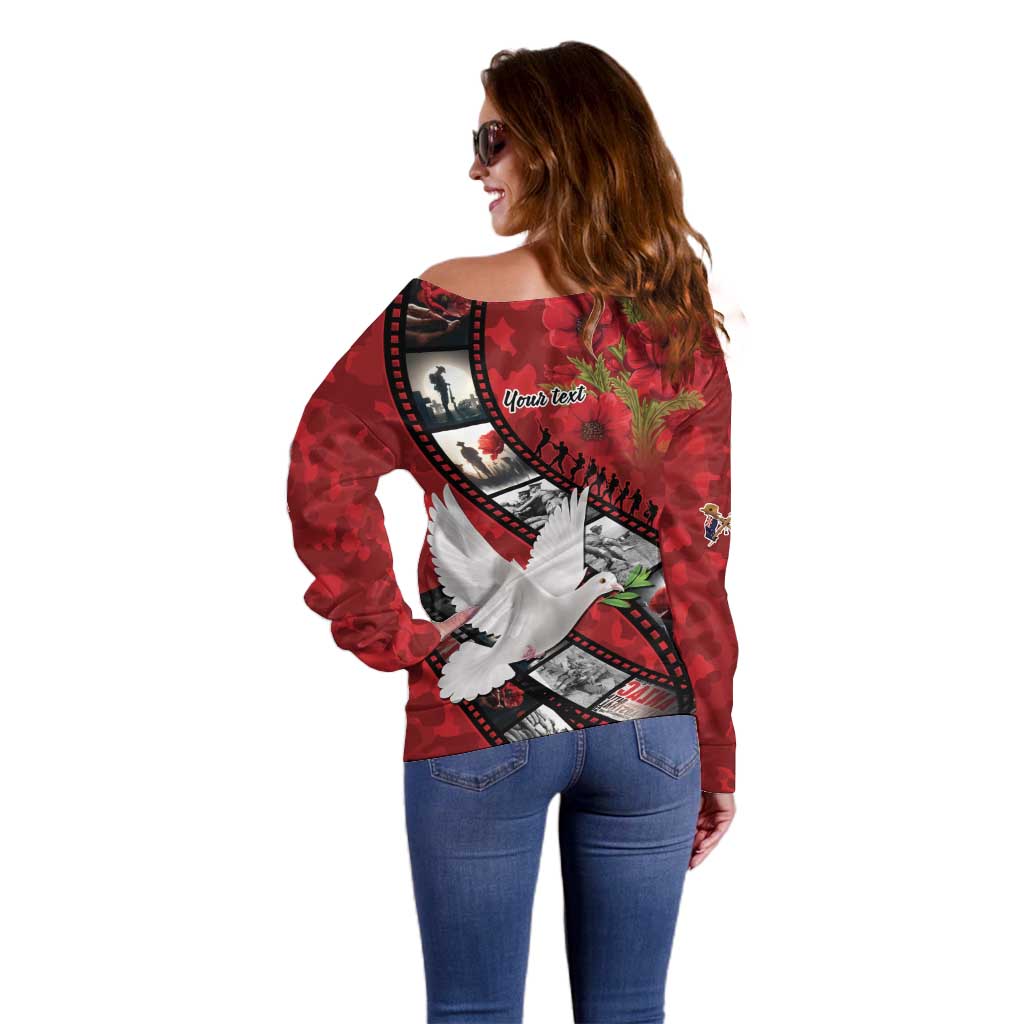 Personalised Tonga ANZAC 1915-2026 Filmstrip Off Shoulder Sweater Lest We Forget 25 April
