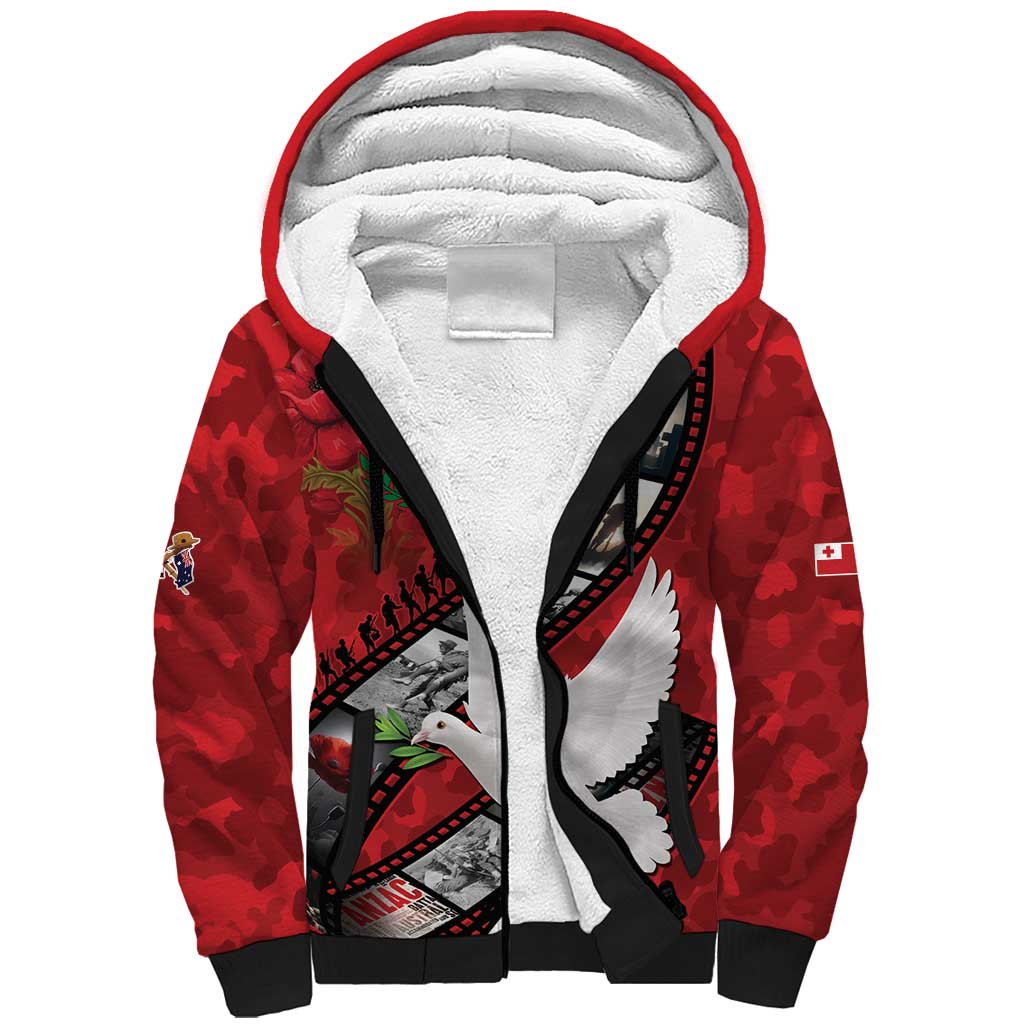 Personalised Tonga ANZAC 1915-2026 Filmstrip Sherpa Hoodie Lest We Forget 25 April LT9 Unisex Red - Polynesian Pride