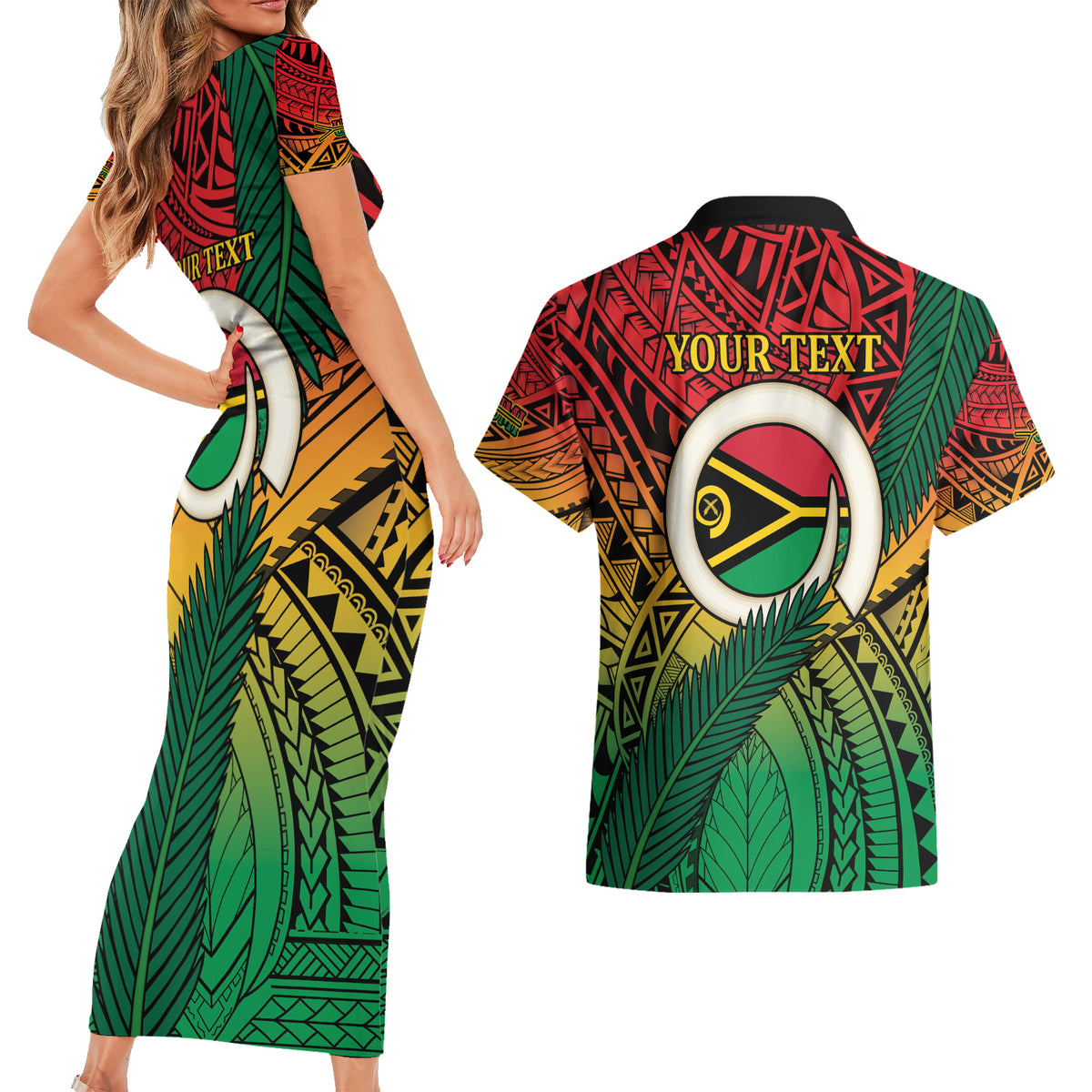 Personalised Vanuatu Yumi 44th Indipendens Dei Couples Matching Short Sleeve Bodycon Dress and Hawaiian Shirt Vanuatuan Broad Tusk with Polynesian Tribal