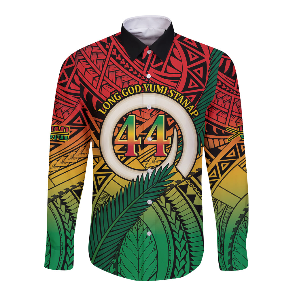 Personalised Vanuatu Yumi 44th Indipendens Dei Long Sleeve Button Shirt Vanuatuan Broad Tusk with Polynesian Tribal LT9 Unisex Reggae - Polynesian Pride