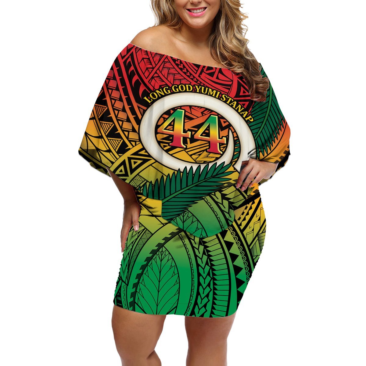 Personalised Vanuatu Yumi 44th Indipendens Dei Off Shoulder Short Dress Vanuatuan Broad Tusk with Polynesian Tribal LT9 Women Reggae - Polynesian Pride