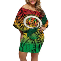 Personalised Vanuatu Yumi 44th Indipendens Dei Off Shoulder Short Dress Vanuatuan Broad Tusk with Polynesian Tribal LT9 Women Reggae - Polynesian Pride