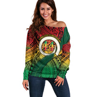 Personalised Vanuatu Yumi 44th Indipendens Dei Off Shoulder Sweater Vanuatuan Broad Tusk with Polynesian Tribal LT9 Women Reggae - Polynesian Pride