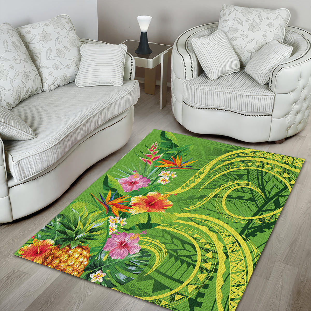 Polynesian Tribal Flower Tattoo Area Rug Special Lime Green Vibe
