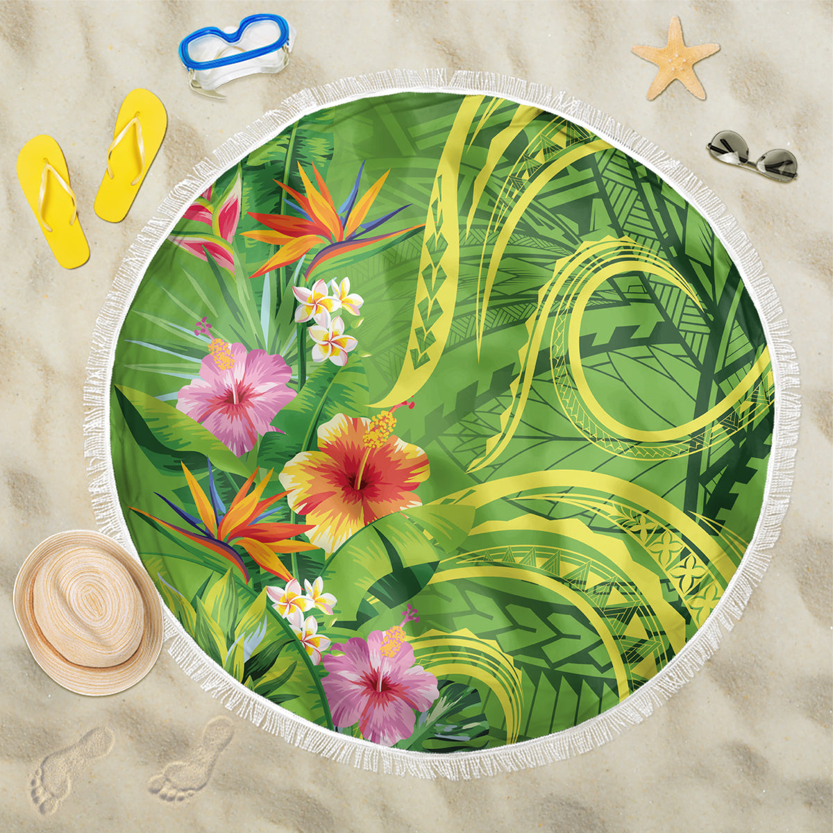 Polynesian Tribal Flower Tattoo Beach Blanket Special Lime Green Vibe
