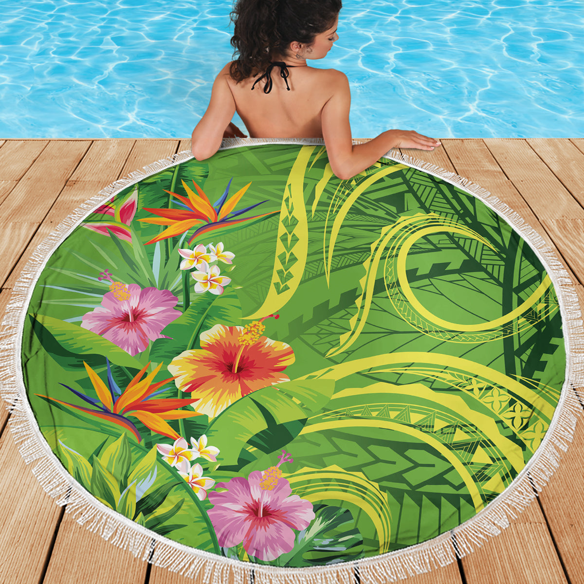 Polynesian Tribal Flower Tattoo Beach Blanket Special Lime Green Vibe