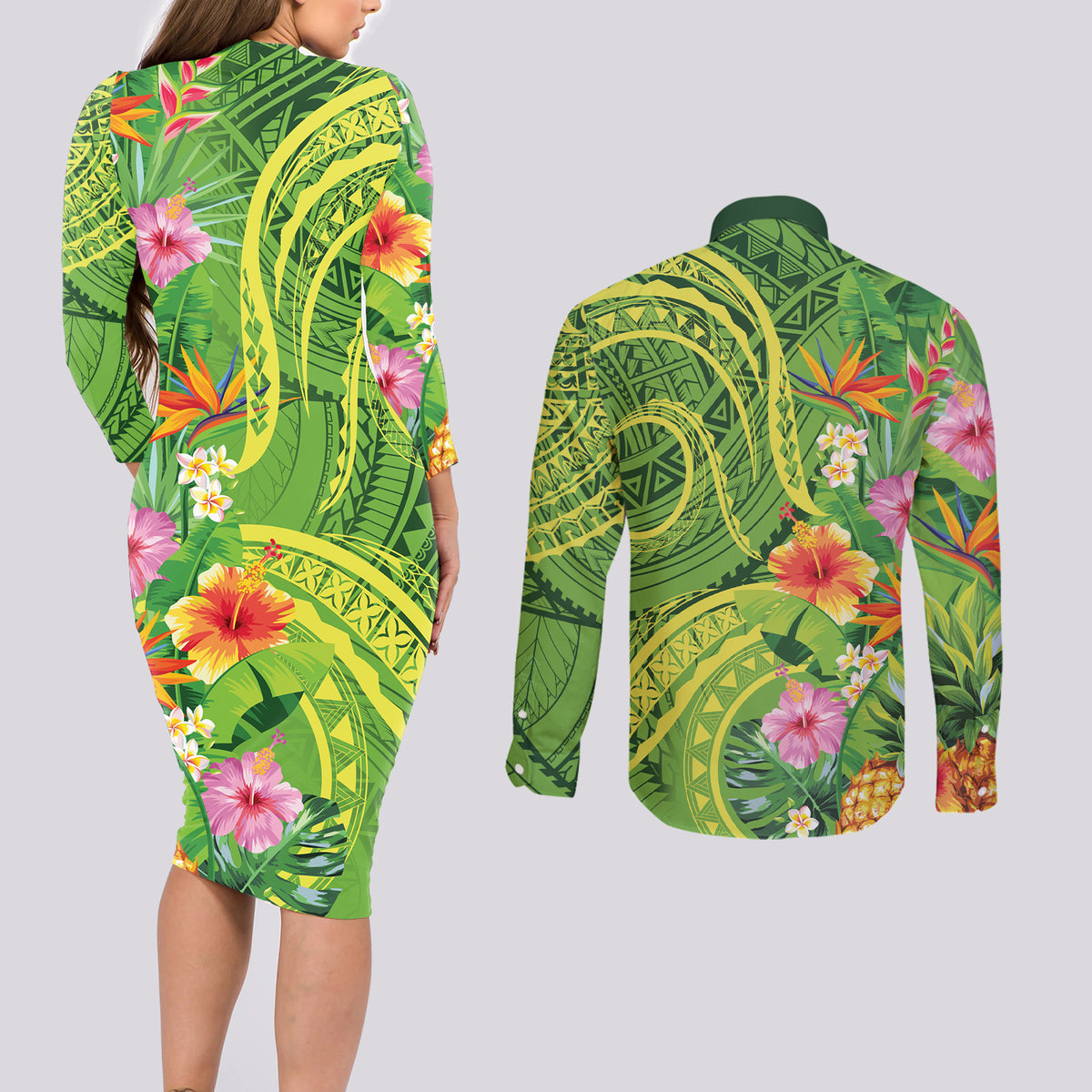 Polynesian Tribal Flower Tattoo Couples Matching Long Sleeve Bodycon Dress and Long Sleeve Button Shirt Special Lime Green Vibe