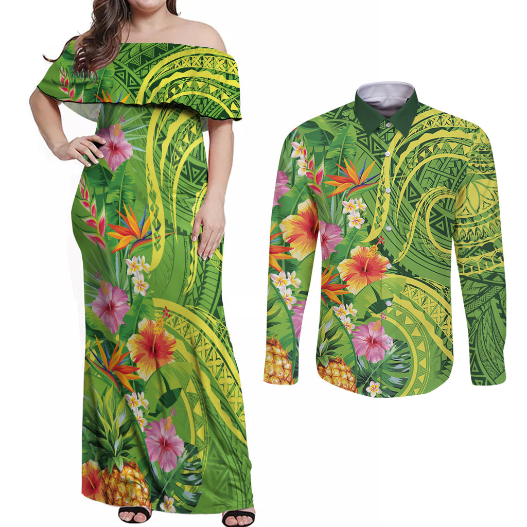 Polynesian Tribal Flower Tattoo Couples Matching Off Shoulder Maxi Dress and Long Sleeve Button Shirt Special Lime Green Vibe LT9 Lime Green - Polynesian Pride