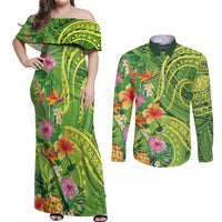 Polynesian Tribal Flower Tattoo Couples Matching Off Shoulder Maxi Dress and Long Sleeve Button Shirt Special Lime Green Vibe LT9 Lime Green - Polynesian Pride