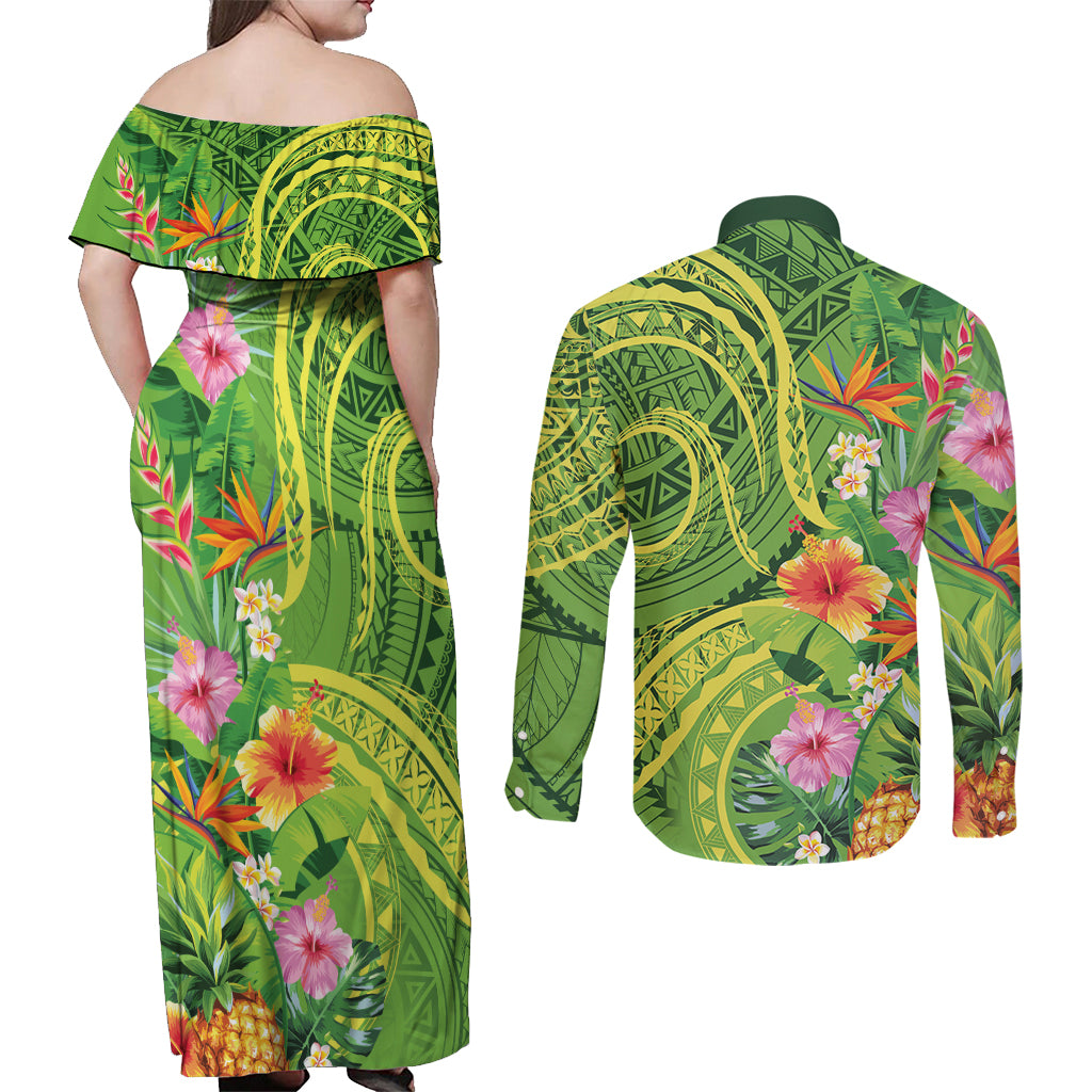 Polynesian Tribal Flower Tattoo Couples Matching Off Shoulder Maxi Dress and Long Sleeve Button Shirt Special Lime Green Vibe LT9 - Polynesian Pride