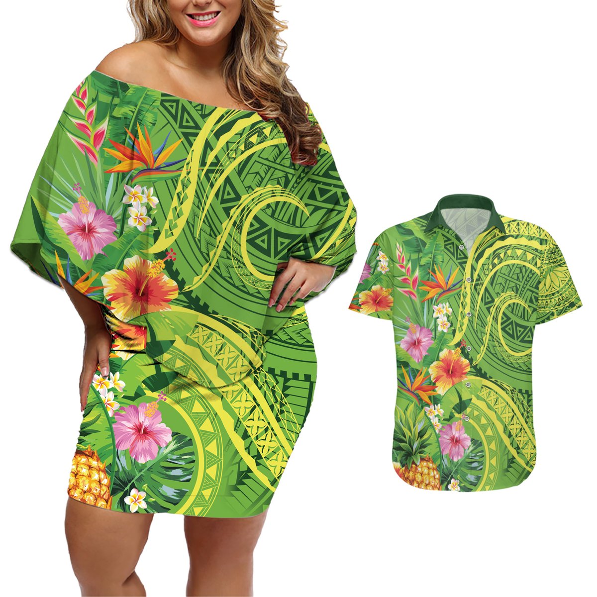 Polynesian Tribal Flower Tattoo Couples Matching Off Shoulder Short Dress and Hawaiian Shirt Special Lime Green Vibe