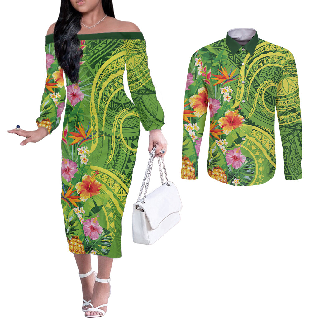 Polynesian Tribal Flower Tattoo Couples Matching Off The Shoulder Long Sleeve Dress and Long Sleeve Button Shirt Special Lime Green Vibe