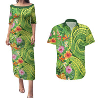 Polynesian Tribal Flower Tattoo Couples Matching Puletasi and Hawaiian Shirt Special Lime Green Vibe LT9 Lime Green - Polynesian Pride